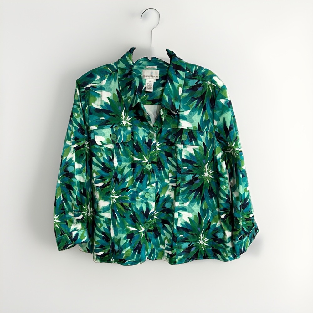 Draper's & Damon's Women's 2X Green Tropical Floral Stretch Button Shirt F189